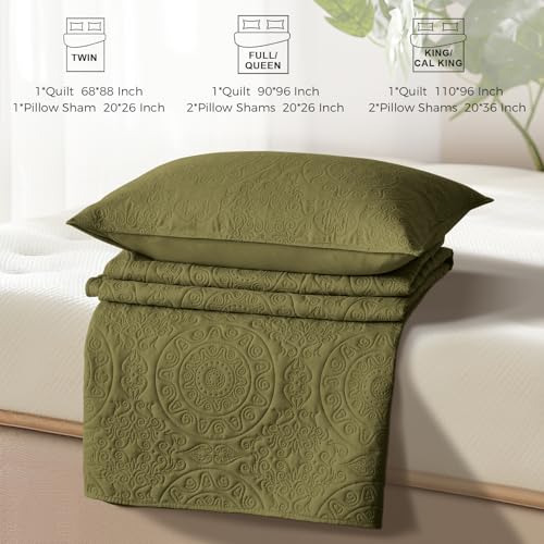 WURUIBO Olive Green Quilt Set Twin Size, Embossing Microfiber Bedspreads with Pillow Sham, Ligthweight Breathable Thin Coverlet, Reversible Bedding Set for All Season (1 Quilt, 1 Pillow Sham) WURUIBO