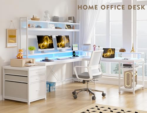 EnHomee Computer Desk with Drawers 66" Reversible Gaming Computer Desk with LED Light & Power Outlets White L Shaped Gaming Desk with Monitor Stand & Shelves Home Office Desks for Gaming Room EnHomee