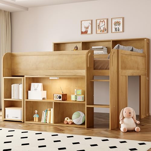 SOFTSEA Full Size Low Loft Bed with Desk & Storage, Solid Wood Kids Loft Bed with Portable Desk, Storage Bookshelves & LED Lights for Kids Juniors Boys Girls, Walnut SOFTSEA