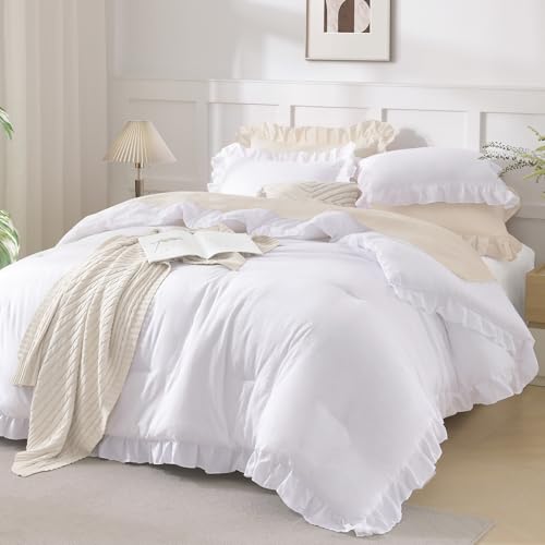 Andency White Comforter Queen Size, 3 Pieces Ruffle Shabby Chic Farmhouse Queen Comforter Sets, All Season Lightweight Fluffy Room Decor Bed Set for Girls Women Teens Gift Choice Andency
