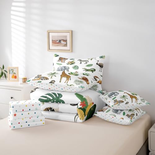 Erosebridal Wild Animal Kids Bed in A Bag Twin 7 Piece Cartoon Elephant Giraffe Comforter Set Safari Animals Bedding Sets for Kids Crocodile Tiger Zebra Palm Tree Tropical Sheet Set with Comforter Erosebridal