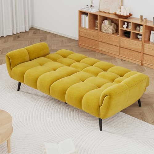 HIPIHOM Convertible Futon Sofa Bed, 76.77" Modern Linen Futon Couch, Comfy Sleeper Sofa with Adjustable Backrests, Couch Bed for Small Spaces, Living Room, Bedroom, Apartment, Yellow HIPIHOM