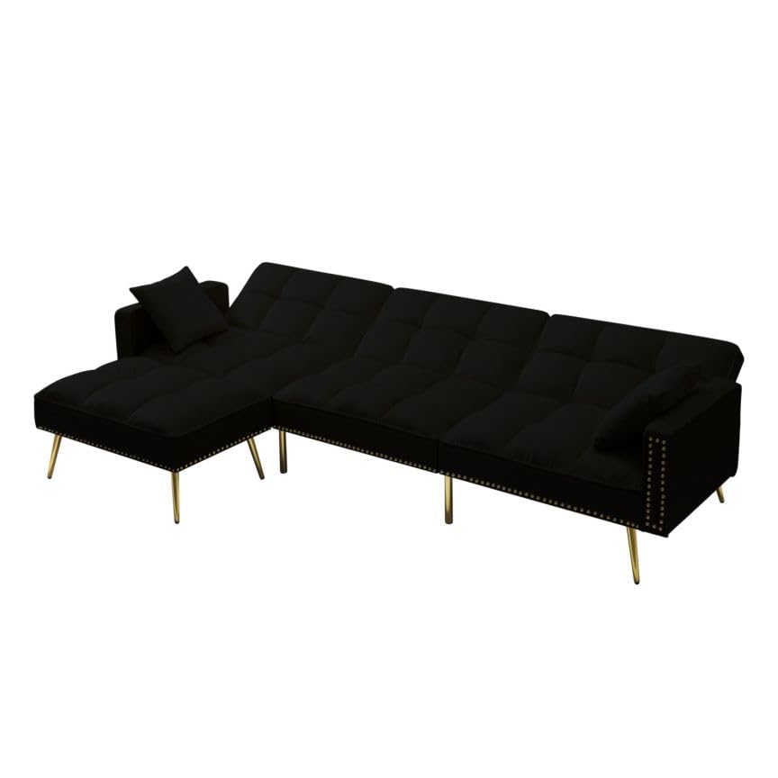 GlasFlength Sectional Couches for Living Room - Convertible Sleeper Sofa Bed, Reversible Chaise Lounge, Nailhead Decor L-Shaped Sectional Sofa Bed for Home, Office, Apartment - Black GlasFlength
