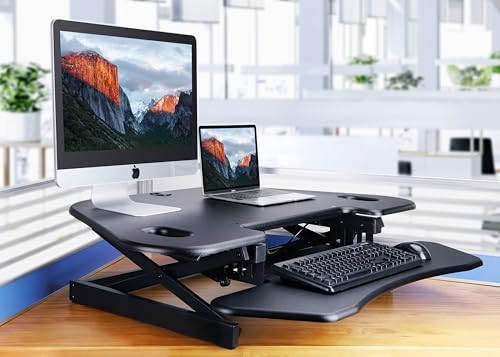 Rocelco 46" Height Adjustable Corner Standing Desk Converter - Quick Sit Stand Up Dual Monitor Riser - Gas Spring Assist Tabletop Computer Workstation - Large Keyboard Tray - Black (R CADRB-46) Rocelco