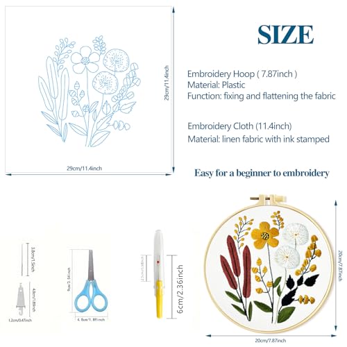 Zhenqing Floral Embroidery Kit - 4 Piece 29x29cm Round Hoop Art Set with Pre-Printed Cotton Fabric, Embroidery Hoop, Threads & Tools for Beginners (C0010)
