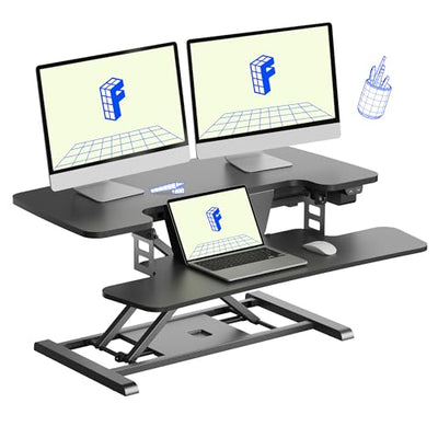 FLEXISPOT 35 inch Electric Standing Desk Converter, Motorized Stand up Desk Riser, Monitor and Laptop Workstation with Wide Keyboard Tray, Black