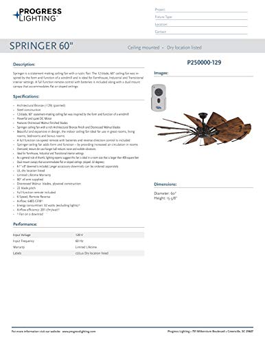 Progress Lighting P250000-129 Springer Collection DC Motor Windmill Farmhouse, 60-Inch, 12-Blade Ceiling Fan, Architectural Bronze Progress Lighting