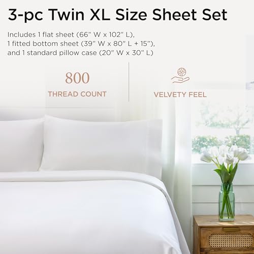 Threadmill Luxury 800 Thread Count 100% Cotton Sheets - Sateen Weave Twin XL Bed-Sheets, Better Than Egyptian Cotton,3 Pc Solid Bedding Set (Hotel White), Fits 15" Deep Pocket Threadmill