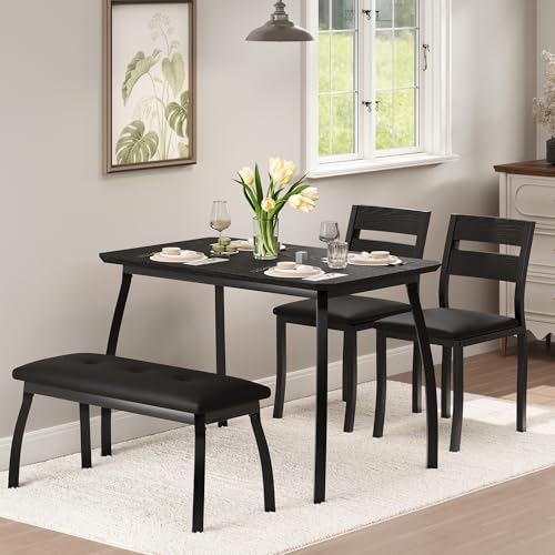 IDEALHOUSE 43'' Dining Table Set for 4, Wooden Kitchen Table with Upholstered Bench & 2 Cushion Chairs, Industrial Dinette Set for Studio, Kitchen, Dining Room, Apartment, Black IDEALHOUSE