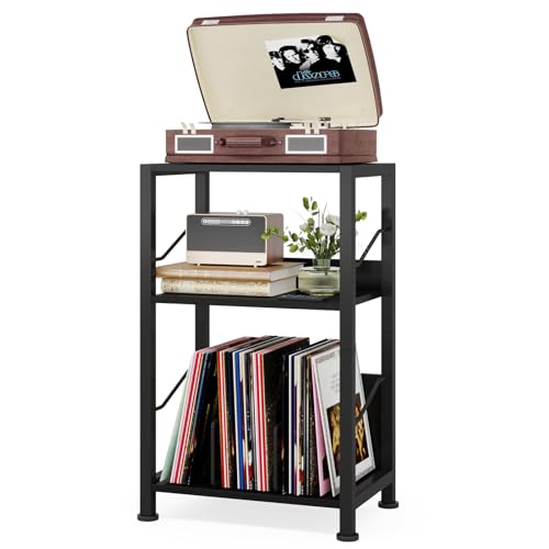 Hosfais 3 Tier Record Player Stand, Retro Vinyl Record Storage End Table Records for Living Room Bedroom (Black) Hosfais