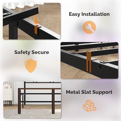 VINGLI Twin Bed Frame with Storage Headboard, LED Lights, and Charging Station, Single Metal Platform Pannel Bed with Wooden Storage Shelf, Underbed Storage Space, Apartement, Black VINGLI