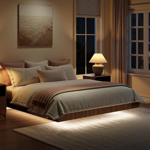 Evermagin Walnut King Floating Bed Frame with led Lights, Mid Century Modern Fluted Floating Platform Bed No Headboard, Heavy Duty Metal Float Bedframe, No Box Spring Needed Evermagin