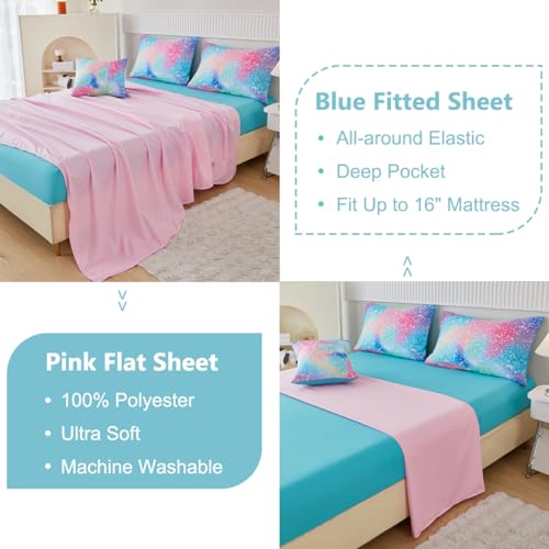 PERFEMET Pink Green Girls Twin Comforter Set, 6 Pieces Colorful Rainbow Kids Bedding Sets, Tie Dye Ombre Glitter Bed in A Bag Comforter Set with Sheets PERFEMET