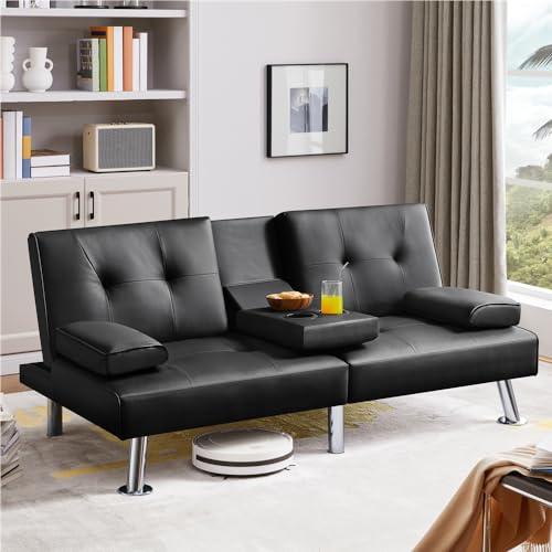 Yaheetech Convertible Sofa Bed Adjustable Couch Sleeper Modern Faux Leather Recliner Reversible Loveseat Folding Daybed Guest Bed, Removable Armrests, Cup Holders, 3 Angles, 772lb Capacity, Black Yaheetech