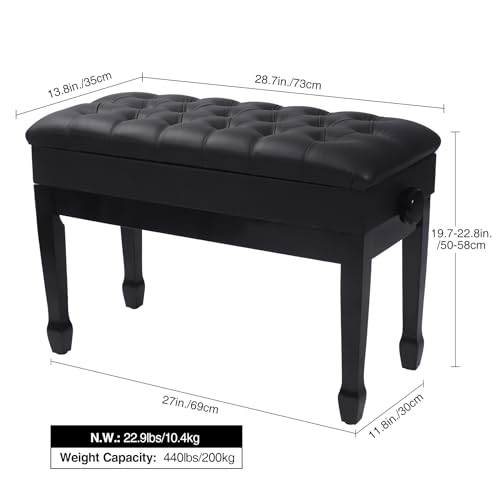 ALAPUR Adjustable Duet Piano Bench with Storage,Heavy Duty Wooden Double Keyboard Piano Bench Seat with PU Leather Cushion,Black ALAPUR