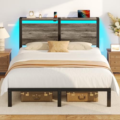 Rolanstar Full Size Bed Frame with Charging Station, LED Full Bed Frame with Wood Storage Headboard, Platform Bed with Metal Slats & Under Bed Storage, No Box Spring Needed, Noise Free, Deep Grey Rolanstar