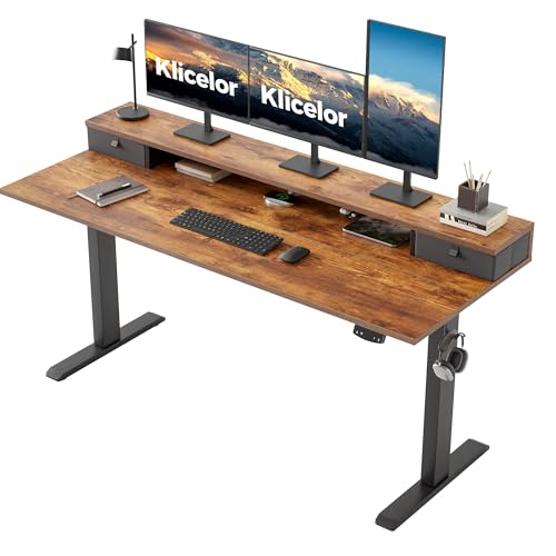 Klicelor 63 Inch Electric Standing Desk with Drawers, Adjustable Height Small Sit Stand Desk for Home Office, Compact Computer Workstation with Storage– Rustic Brown Klicelor