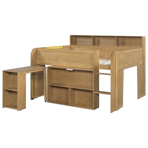 SOFTSEA Full Size Low Loft Bed with Desk & Storage, Solid Wood Kids Loft Bed with Portable Desk, Storage Bookshelves & LED Lights for Kids Juniors Boys Girls, Walnut SOFTSEA