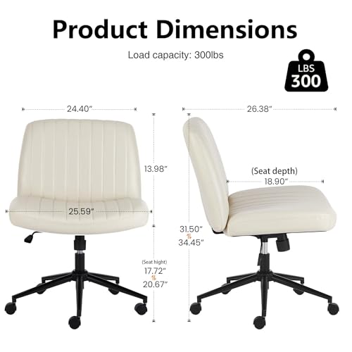 DUMOS Criss Cross Chair with Wheels, Legged Office Armless Wide Desk Seat Dual-Purpose Base, Adjustable Swivel Leather Task Vanity Home Office Desk Seating, Cream DUMOS