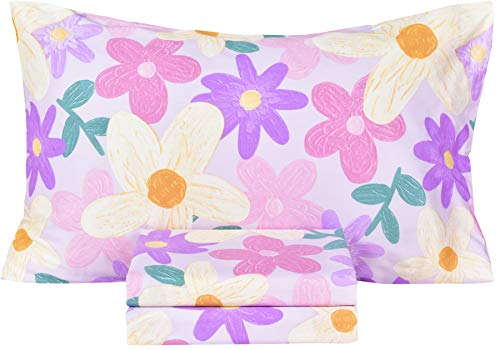 Scientific Sleep Purple Flower Painting Girls 100% Cotton 3 Pcs Twin Bed Sheet Set Kids Toddler Teen, Flat Sheet & Fitted Sheet & Pillowcase Kids Bedding Set (Floret, Twin) Scientific Sleep