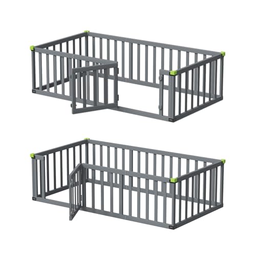 ROOMTEC Twin Size Montessori Floor Bed - Solid Wood Toddler Bed Frame with Convertible Door and Safety Fence in Grey ROOMTEC