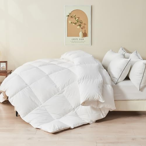 TOPGREEN Organic Feather Down Comforter Full Size, Luxury Extra-Fluffy Duvet Insert, All Season Bed Comforter with Ultra-Soft Organic Cotton Case (82x86 Inch, Ivory White) TOPGREEN