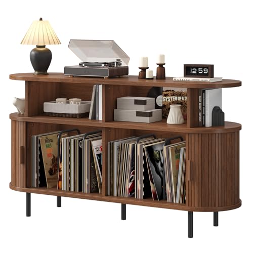 55" Large Round Record Player Stand with Charging Station, Vinyl Record Storage Cabinet, Mid Century Modern Turntable Stand with Open Shelves Holder for Bedroom Living Room, Sliding Doors (Walnut) ONBRILL