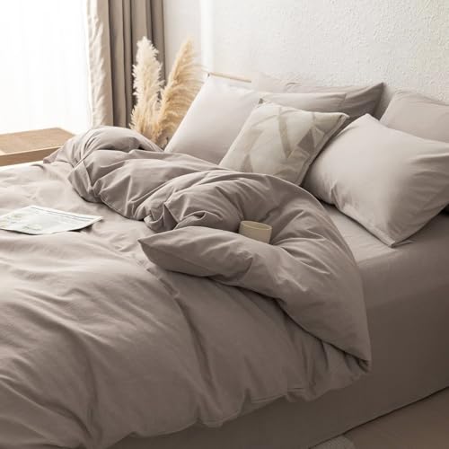 linenestbedding 100% Washed Cotton Duvet Cover Set Queen Size with Bag,Ultra Soft and Lightweight, All Season Bedding with Zipper and Ties, Minimalist Neutral Style (Light Khaki, Queen(90"x90")) linenestbedding