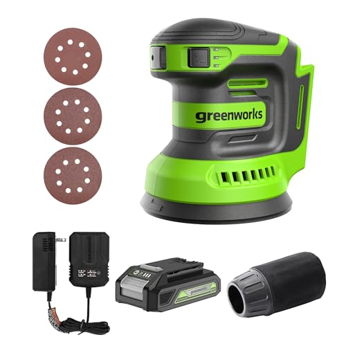 Greenworks 24V Cordless Orbital Sander, 5" Random Sanders Variable Speed, 11000 OPM, 3 Sandpaper Sheets, with 2Ah Battery and Charger Greenworks