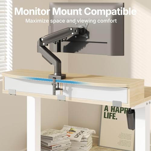 HUANUO 32 x 21 inch Small Electric Standing Desk with 2 Drawers, C-Clamp Mount Compatible, Height Adjustable Sit Stand Desk, Home Office Stand Up Desk with 4 Memory Height Settings, Light Walnut HUANUO