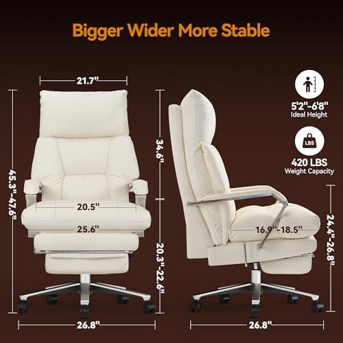 OKUP® M76 Recline Office Chair with Footrest, 160° Infinite Reclining 10" Thick Executive Desk Chair, 420lb Heavy Duty Big and Tall, Adjustable Seat Depth, Cream OKUP