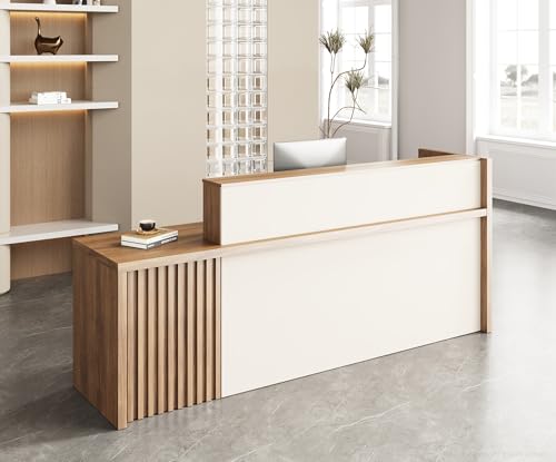 Anzhap 94" L-Shaped Reception Desk with Counter โ Front Desk Reception Counter with Lockable Drawer, Storage Cabinet & Double Countertop for Office, Lobby, Checkout (Oak & Cream White) Anzhap