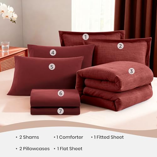 Geniospin Queen Comforter Set - 7 Pieces Comforter Queen Size, Solid Bedding Set for All Season, Dark Red Textured Bed in a Bag with Sheets Geniospin