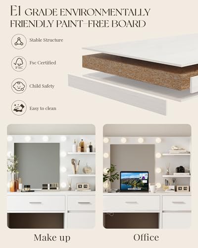 LIVELYGLOW Vanity Desk with Mirror and Lights, Makeup Vanity with Drawer & Storage Shelves, Cabinet, 3 Lighting Modes Adjustable Brightness, Bedroom Dressing Table, White LIVELYGLOW
