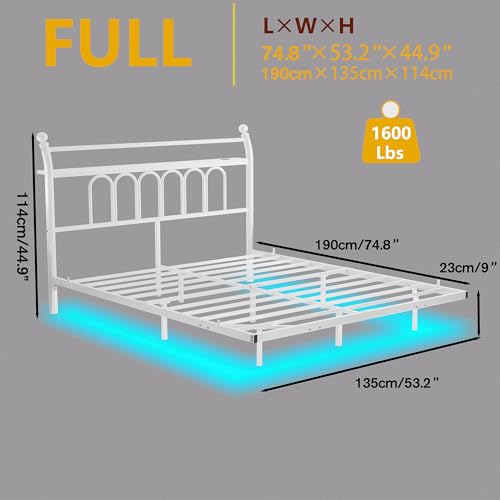 VERFARM Floating Double Bed Frame with USB Charging Station, LED Bed Frame with Wood Storage Headboard, Metal Platform Bed Frame Full Size, No Box Spring Needed, Steel Slat Support, White VERFARM
