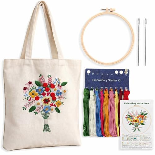 Mordely Flower Bouquet Embroidery Tote Bag Kit for Beginners, DIY Hand Embroidery Starter Set with Canvas Bag, 7.9 Inch Hoop, Colour Threads, 2 Needles and English Instructions