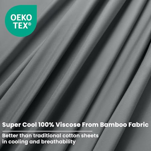 Shilucheng 100% Viscose Derived from Bamboo_Sheets, Extra Deep Pocket Sheets Fits 18"-24" Thick Mattress, Cooling & Breathable Bed Sheets 4Pcs, Hotel Silky Bedding Set (King,Dark Grey)