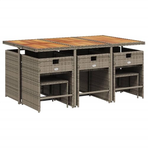 vidaXL 11-Piece Patio Dining Set with Cushions – PE Rattan, Powder-Coated Steel, Acacia Wood, Navy Blue Cushions, Gray/Brown, Space-Saving for Outdoor, Garden, Backyard Use vidaXL