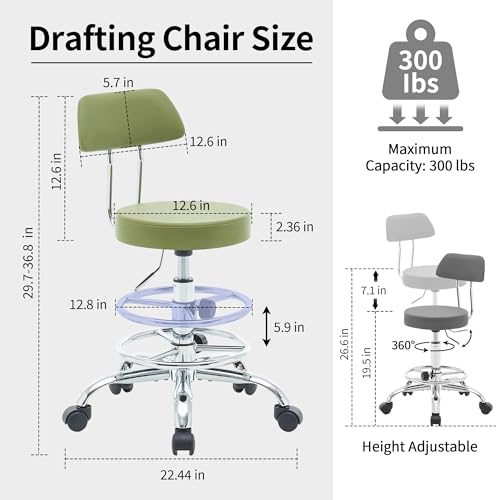 FIRAVOE Drafting Chair (Work Stool with Back)(Swivel Shop Stool 19.5"-26.6") Adjustable Height and Footrest Ergonomic Office Chair (Green) FIRAVOE