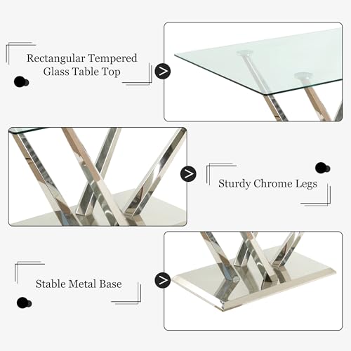 HAIZAO 63'' Rectangular Glass Dining Table for 4-6, Luxury Kitchen Table with Tempered Glass and Aesthetic Silver Stainless Steel Base, Modern Dinner Table for Home, Apartment HAIZAO