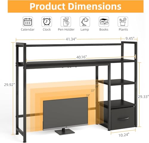 Desk Shelf with Drawer, 41.3" Desktop Organizer Shelf, Desk Hutch for Computer Monitor Max 32", 3 Tier Desktop Display Rack, Wooden Desk Top Bookshelf Storage Rack for Home Office Dorm, Black Mexin