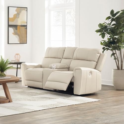 Signature Design by Ashley Dahlmoore Contemporary Leather Match Power Reclining Loveseat with Console and USB Ports, Beige Signature Design by Ashley