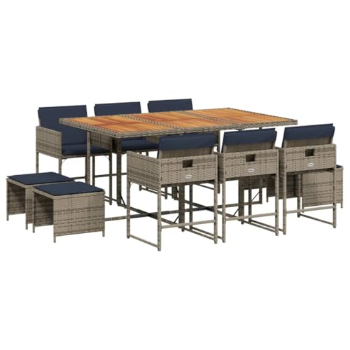 vidaXL 11-Piece Patio Dining Set - Poly Rattan Outdoor Furniture with Acacia Wood Table Top - includes Cushions - Foldable, Space-Saving Design for Garden/Patio/Backyard vidaXL