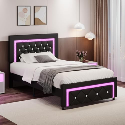 BarnFurin Twin Bed Frame with LED Lights, Upholstered Platform Bed with Diamond Tufted Headboard, No Box Spring Needed, Noise Free, Easy Assembly, Black BarnFurin