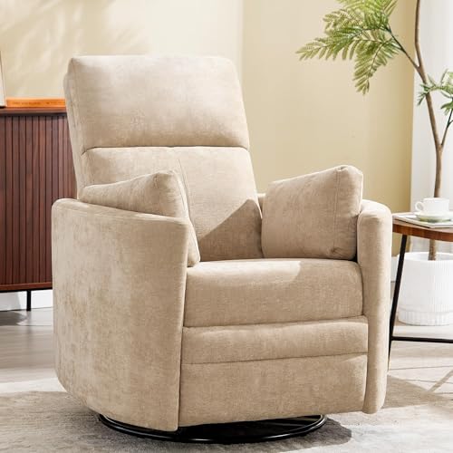 Manual Recliner 360°Swivel Glider Rocking Chair,Upholstered Nursery Adult Rocker Glider Chair with 2 Pillows for Living Room Bedroom(Khaki, Manual Operation)