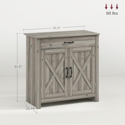 HOMCOM Farmhouse Sideboard Buffet Cabinet, Barn Door Style Kitchen Cabinet, 32" Accent Cabinet for Kitchen, Living Room or Entryway, Gray Wash HOMCOM