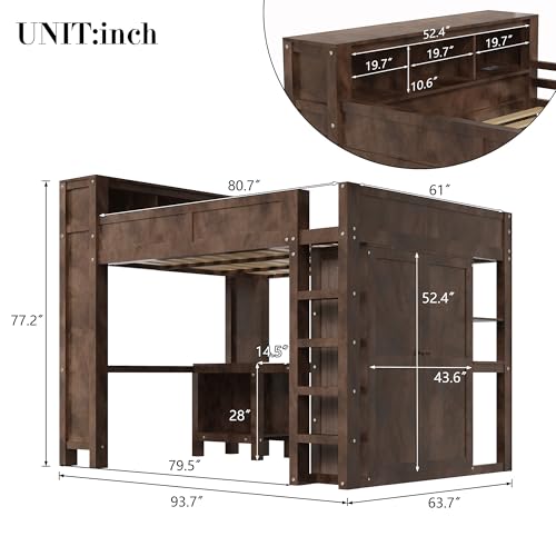 Queen Size Wooden Loft Bed with Wardrobe,Stairs and Desk,Bookcase Headboard with Storage Cabinet and USB Charging Station,for Kids Teens Adults Bedroom,No Box Spring Needed,Brown Harper & Bright Designs