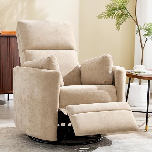 Manual Recliner 360°Swivel Glider Rocking Chair,Upholstered Nursery Adult Rocker Glider Chair with 2 Pillows for Living Room Bedroom(Khaki, Manual Operation)