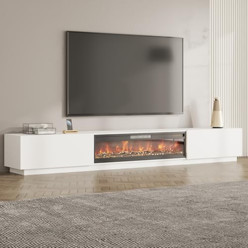 TAMUNE 109" Electric Fireplace TV Stand with 2 Drawers, Media Center with 46" Electric Fireplace, 12 Color Lights, for Living Room Guest Room White 15.7" D x 109.4" W x 14.9" H TAMUNE