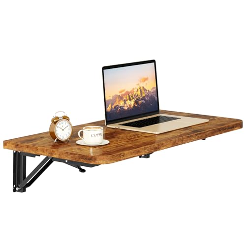 IBUYKE Wall Mounted Folding Table, Floating Wall Desk for Small Spaces, Fold Down Laundry Shelf with Heavy-Duty Brackets, Wall Table for Home Office/Bar/Kitchen/Dining, Rustic Brown UTVT005H IBUYKE